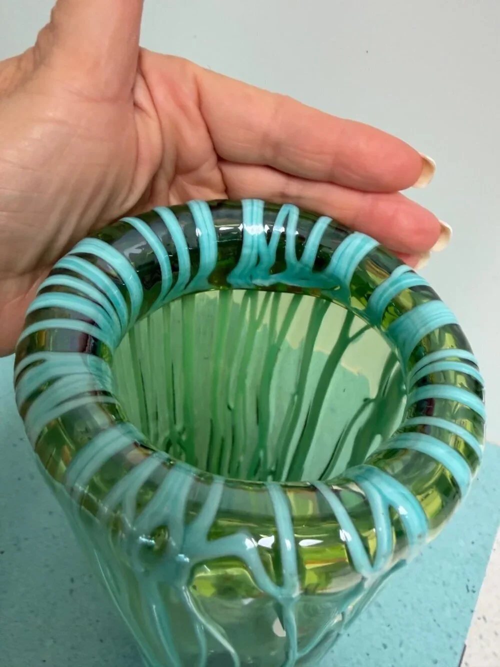Murano Handblown Translucent Vase With Melted Threads Green Aqua Vintage